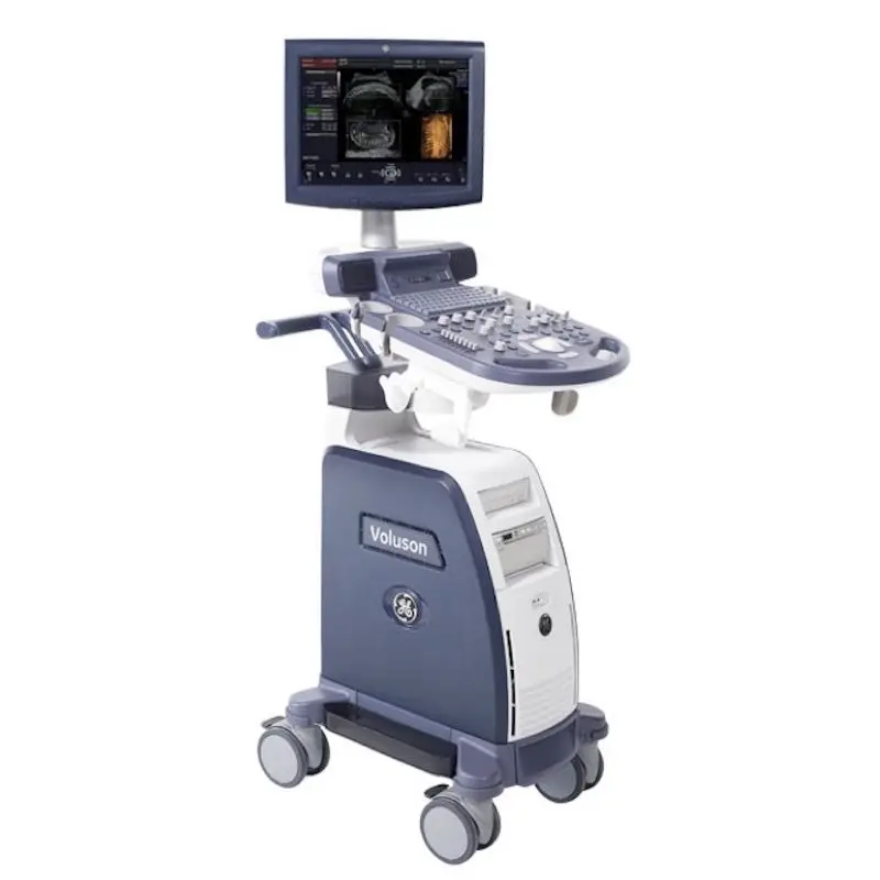 Side profile of GE Voluson P8 ultrasound with streamlined console, integrated probe holders, and adjustable control panel for efficient clinical workflow