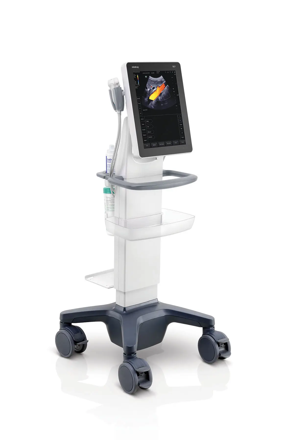 Slim side profile of Mindray TE5 showing lightweight design and multiple transducer ports