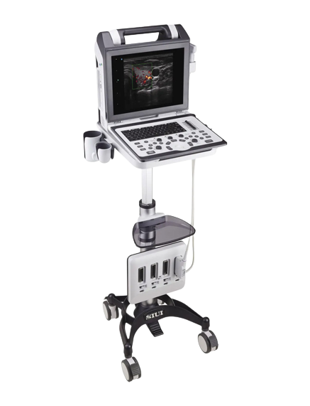 SIUI_APOGEE_2300_Portable_Ultrasound_Machine_on_Trolley_with_Probe_Transducer_Extender_Option_Mounted_on_Wheels