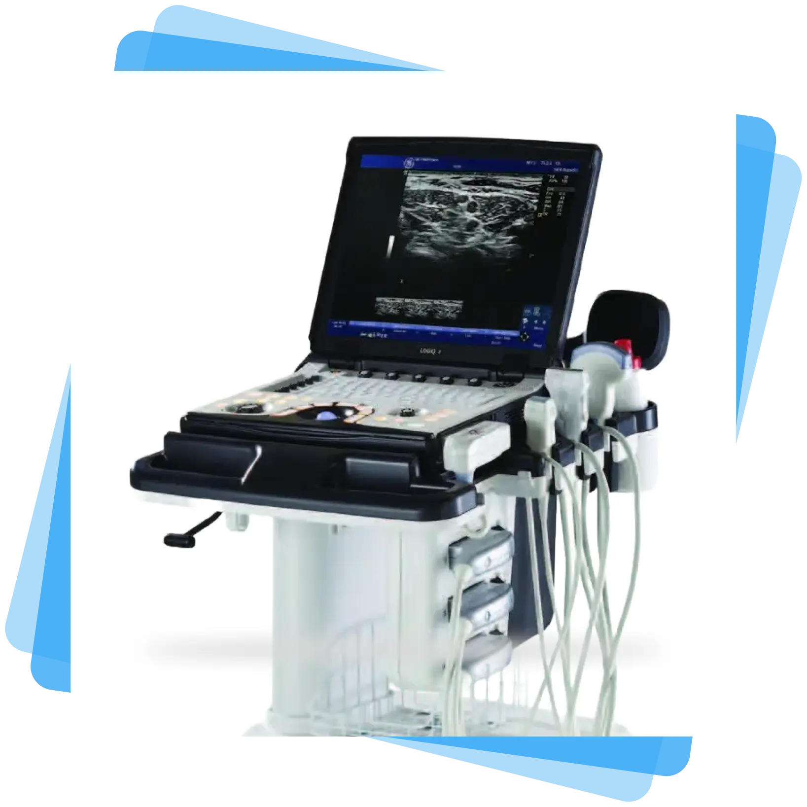 High-resolution musculoskeletal ultrasound scan on GE LOGIQ e R8 showing detailed tissue imaging using advanced needle recognition mode