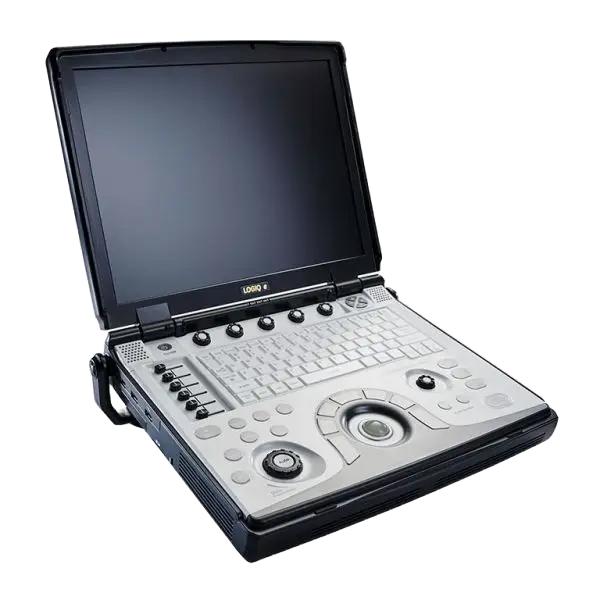 Certified pre-owned GE LOGIQ e R8 ultrasound machine for sale featuring CrossXBeam, SRI-HD, and DICOM 3.0 connectivity with warranty options