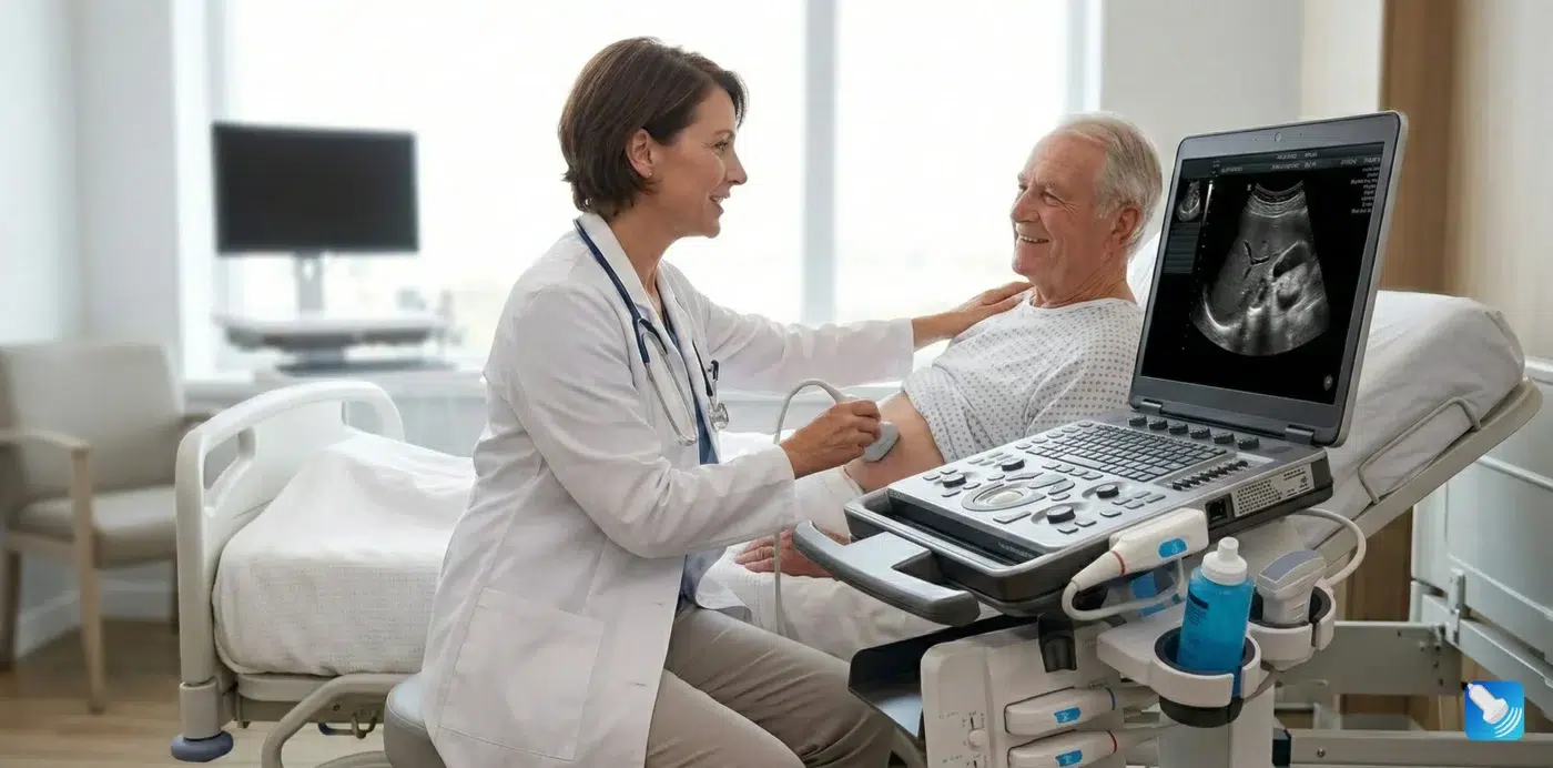 Physician performing bedside point-of-care ultrasound (POCUS) on a patient.