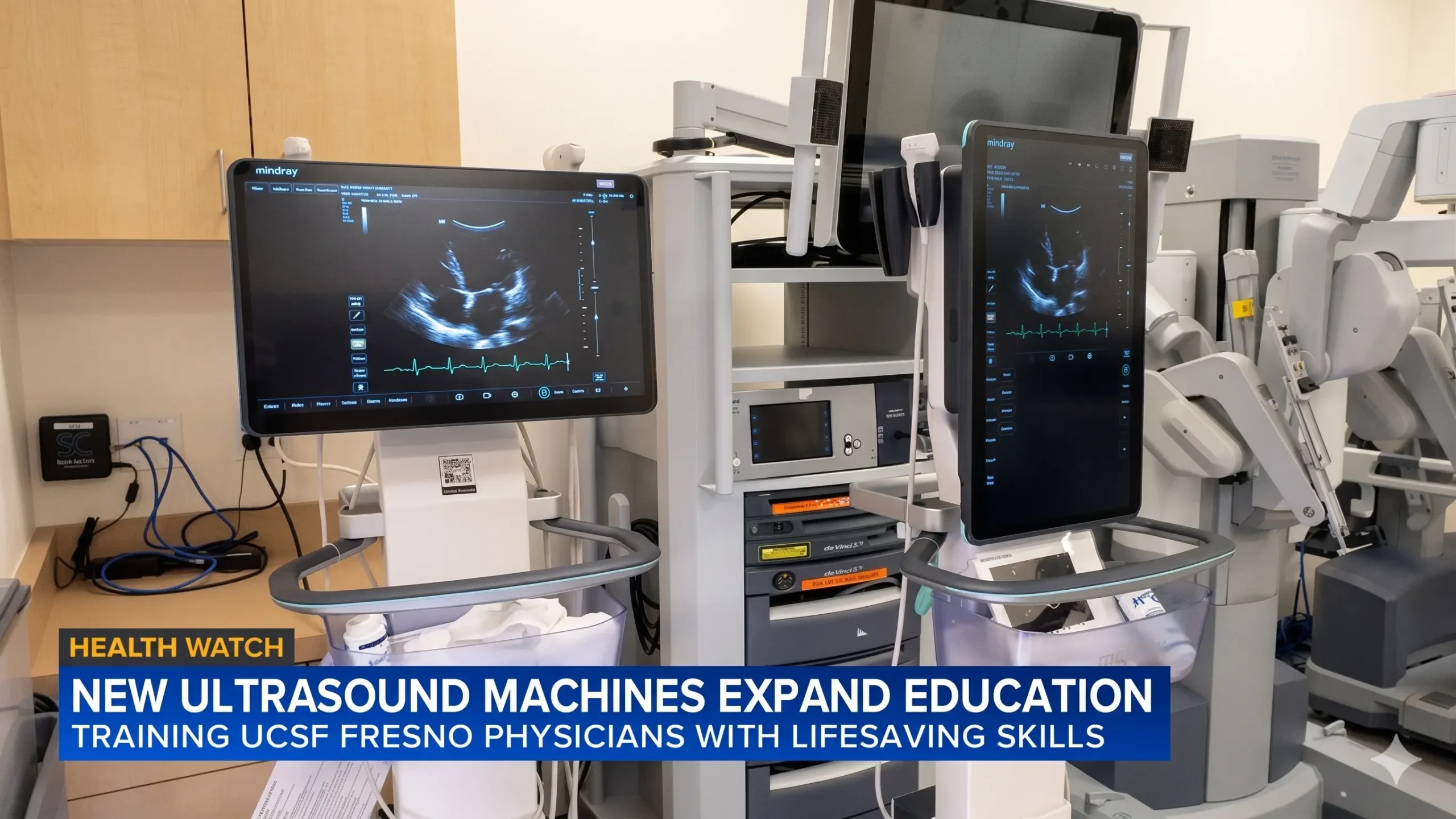 A screenshot from a news broadcast of the UCSF Fresno Simulation Center showing two new Mindray ultrasound machines with cardiac views on the screens, featuring the text overlay 'NEW ULTRASOUND MACHINES EXPAND EDUCATION' and 'TRAINING UCSF FRESNO PHYSICIANS WITH LIFESAVING SKILLS'.