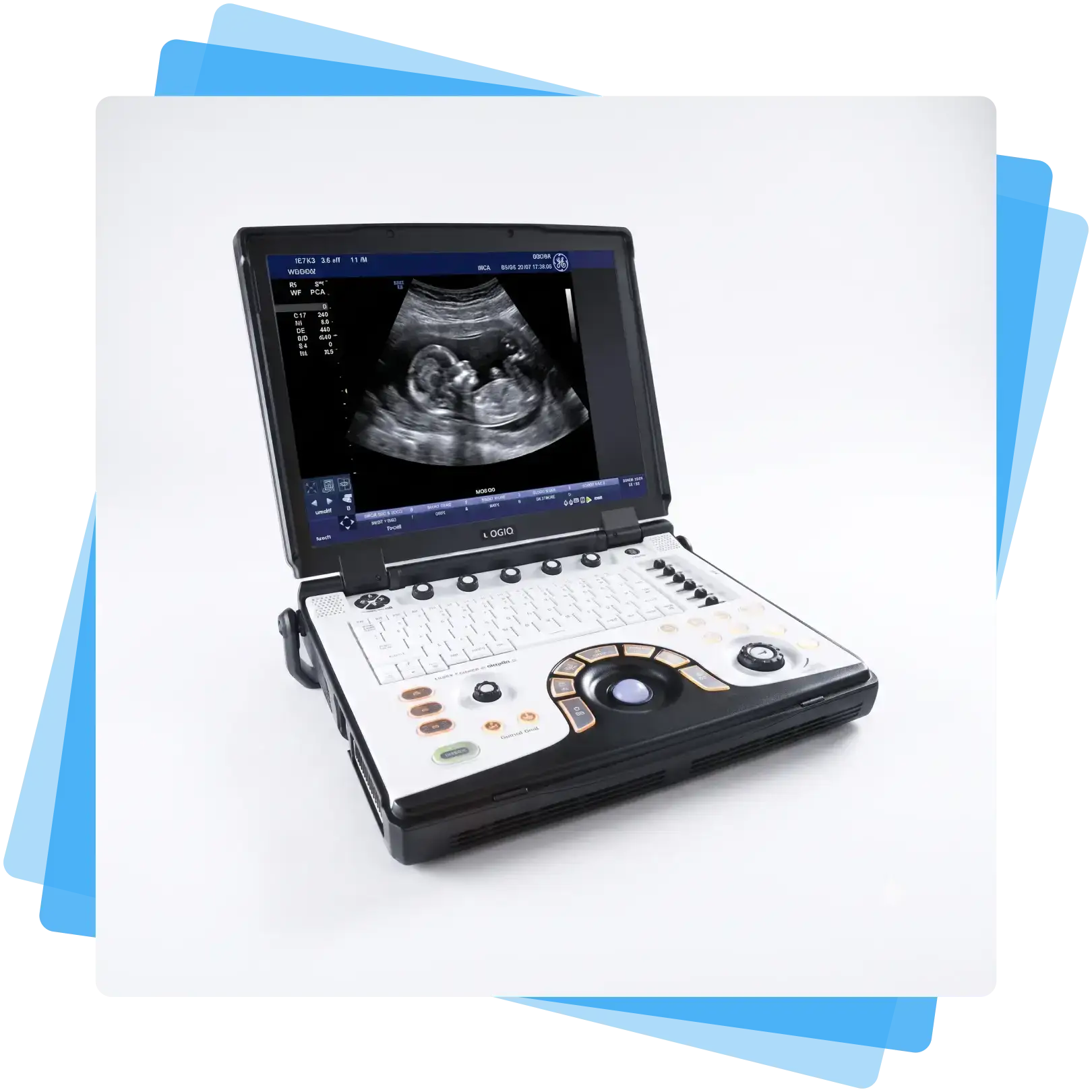 Angled view of the refurbished GE NextGen LOGIQ e R7 point-of-care ultrasound scanner.