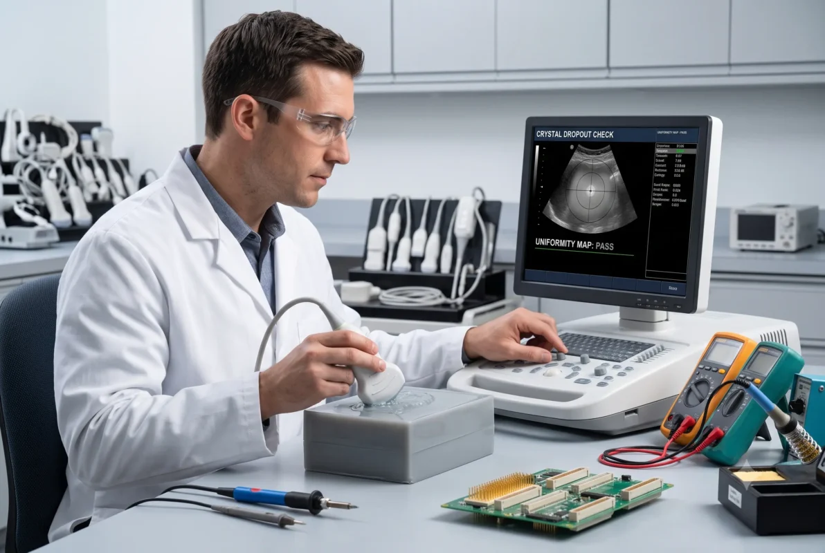 Biomedical engineer testing an ultrasound transducer for crystal dropout in repair lab